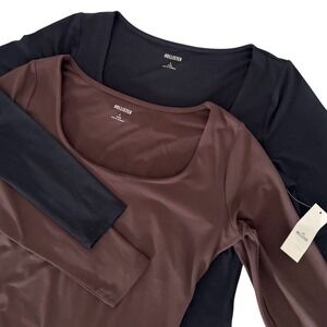 Hollister Womens LARGE Long Sleeve Scoop Neck Top Shirt Black Brown Set of 2